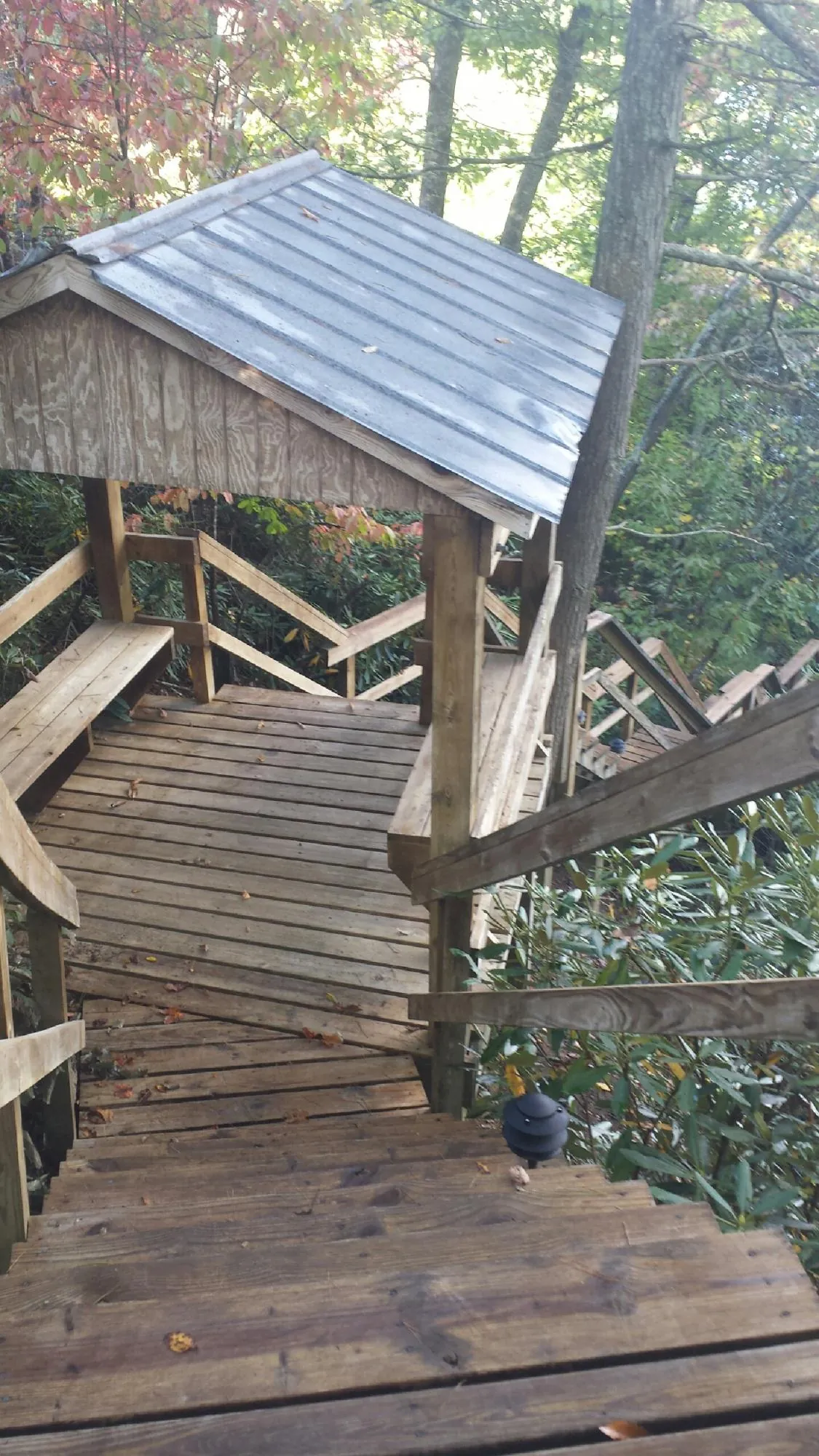 Metal roofed shelter over wooden steps on a wooded walkway — Skylight Repair & Installation work by our crew in Sand Creek